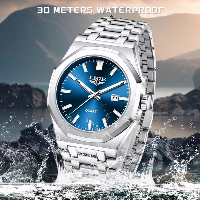 LIGE luxury men's business quartz watch - side view showing case thickness