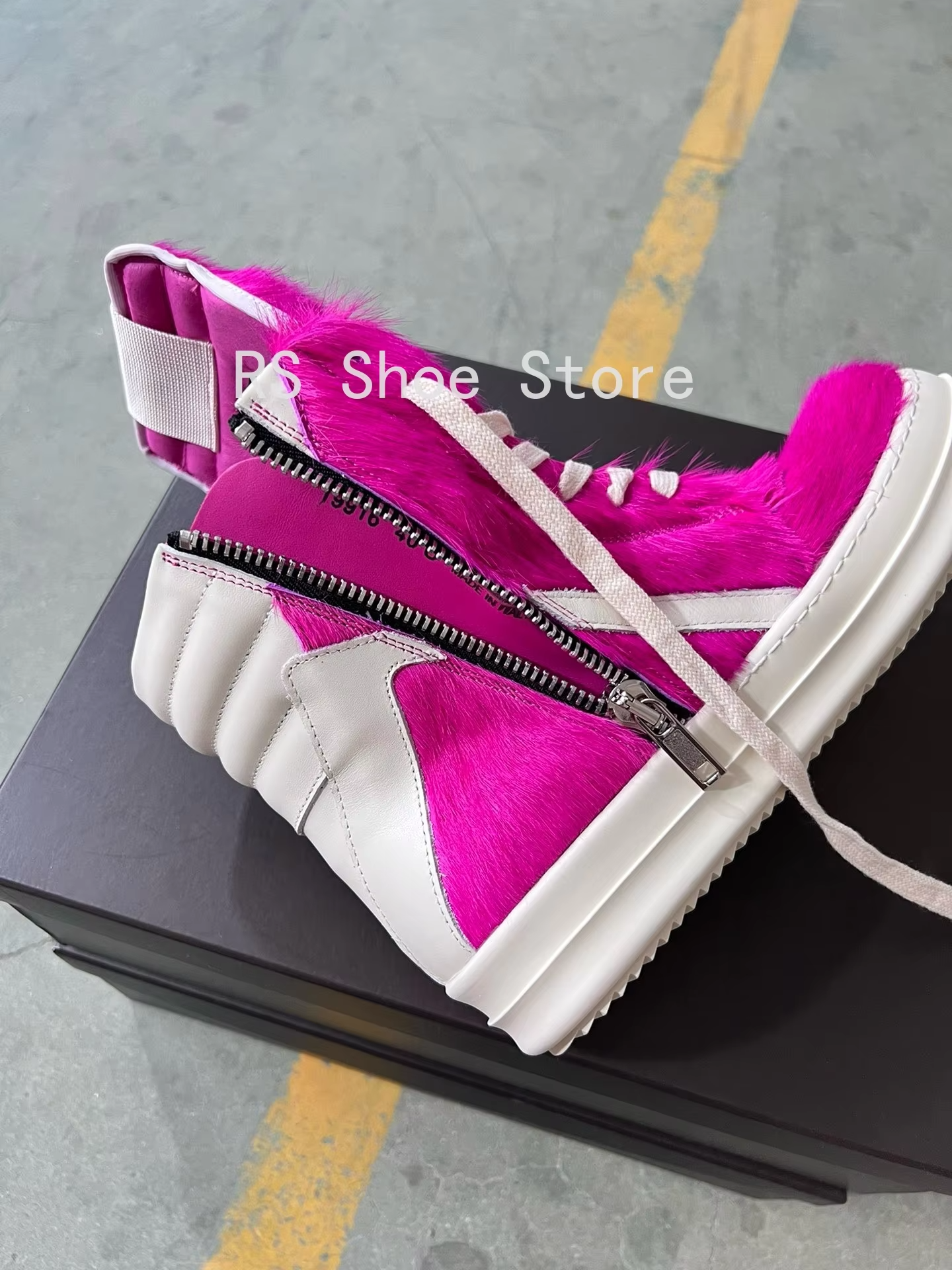 Luxury RO Style Rose Pink Horsehair High-Top Sneakers side view