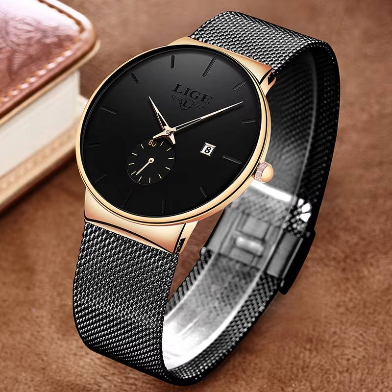 LIGE ultra thin luxury men's watch - genuine leather strap detail