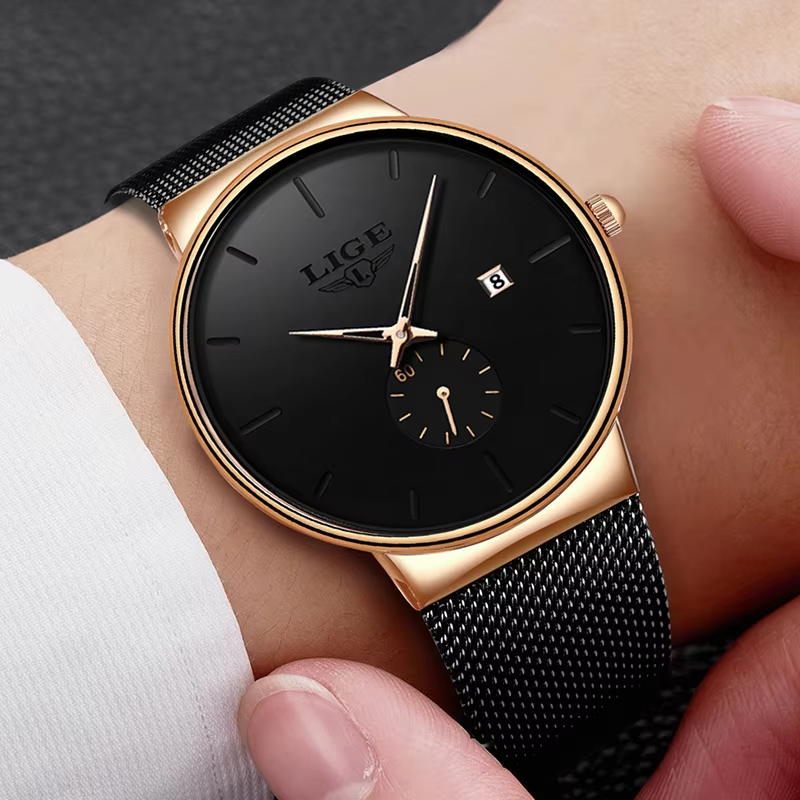 LIGE ultra thin luxury men's watch - dial close up with date window