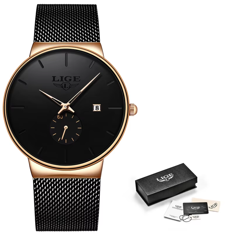 LIGE ultra thin luxury men's watch - front view showing slim profile