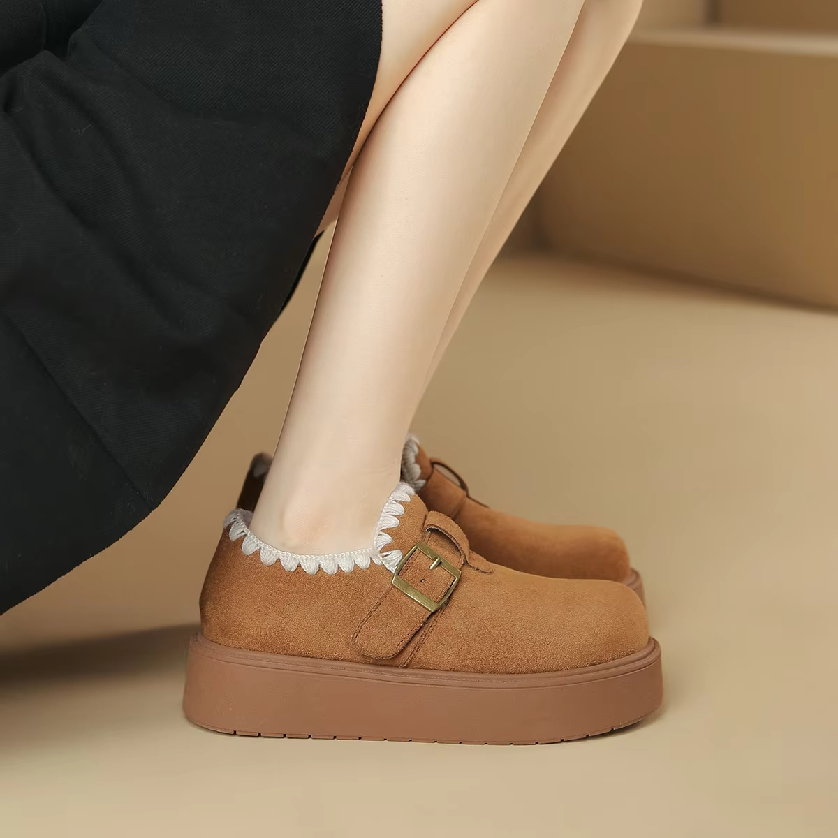 Close up of plush lining inside FOXER loafers