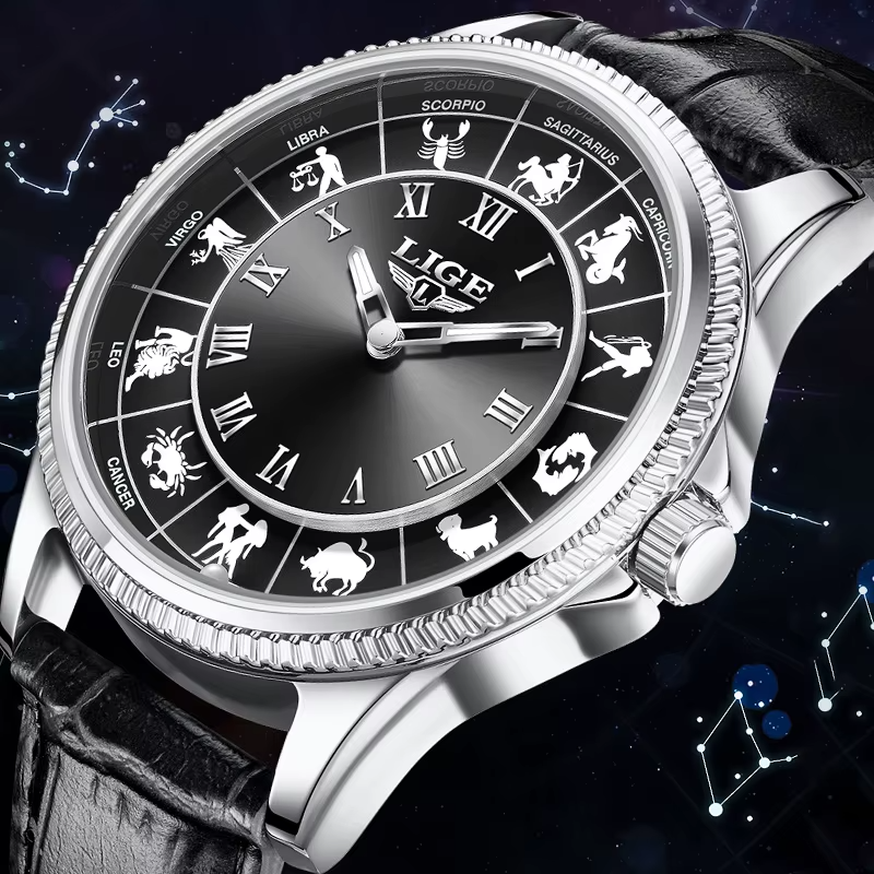 LIGE ultra thin luxury men's watch - zodiac symbols on dial