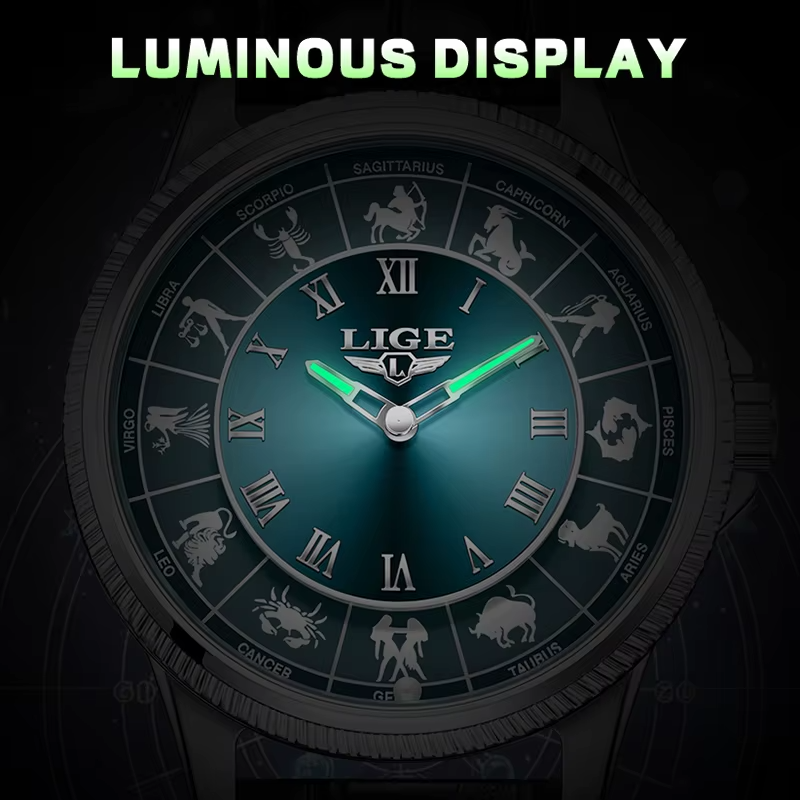 LIGE 2026 creative luxury men's watch constellation dial luminous quartz - zodiac symbols detail