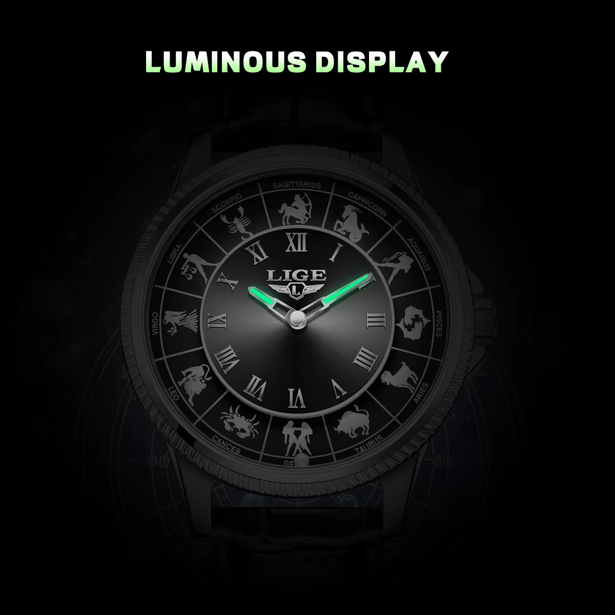 LIGE ultra thin luxury men's watch - luminous display and zodiac symbols