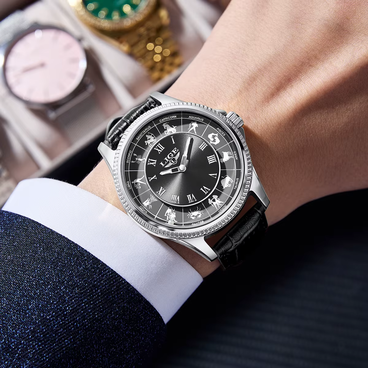 LIGE ultra thin luxury men's watch - front view showing slim profile and luminous dial
