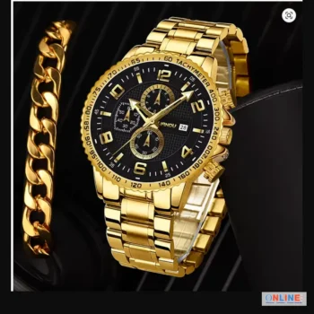 Men's Quartz Watch Calendar Watch Bracelet Set Gold