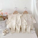 2024 Baby Girls Floral Cotton Top Pants Pajama Set