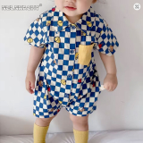 2025 Baby Boys Plaid Cartoon Romper Short Sleeve