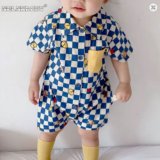 2025 Baby Boys Plaid Cartoon Romper Short Sleeve