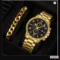 Men's Quartz Watch Calendar Watch Bracelet Set Gold